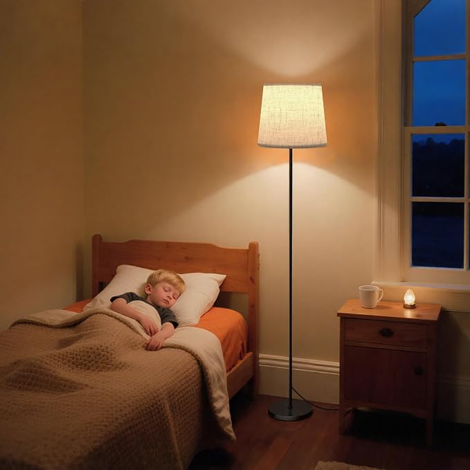 Dimmable Floor Lamp with Linen Shade for Living Room | Dimmable LED Standing Lamp with Remote & Foot Switch, Modern Floor Reading Light for Bedroom Office Corner