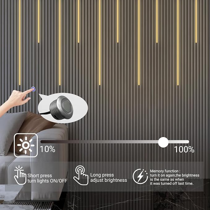 HAMRVL Black Wall Panel Lights - 10pcs 3000K Warm White Slat Wall Lights with Touch Control, Dimmable Self-Adhesive LED Recessed Lighting for Wood Slat Wall Panel, Media Wall, Bedroom, Living Room