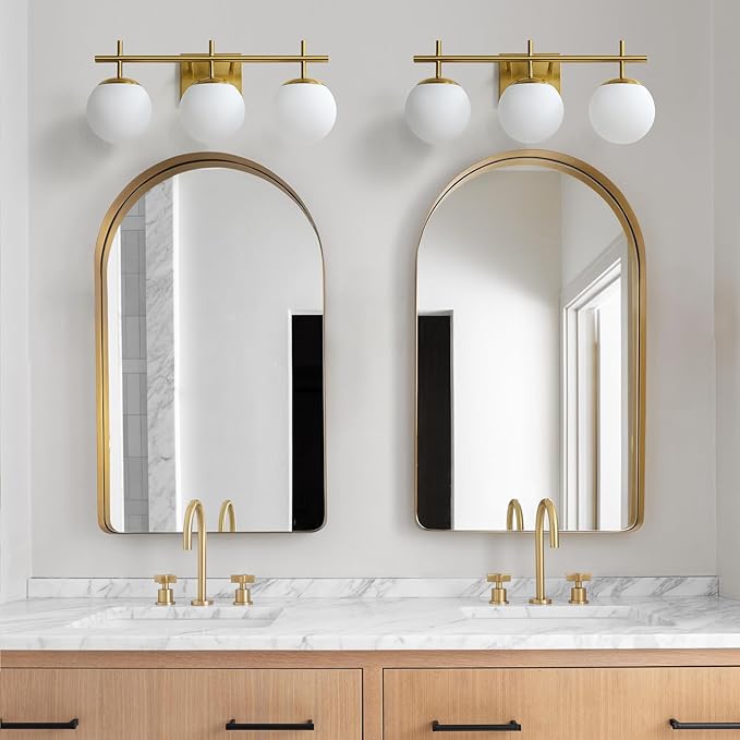 Gold Bathroom Light Fixtures, 3-Light Bathroom Vanity Light Over Mirror, Modern Vanity Lighting Fixtures with Milky White Globe Glass Shade, 22.4 inch Wall Sconce Light (Exclude E26 Bulb)
