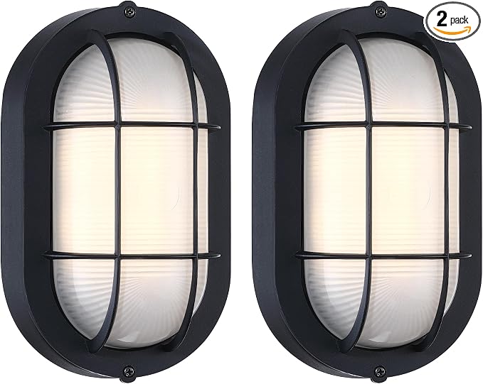 GRUENLICH LED Bulkhead Light Fixture, Aluminum Outdoor Wall Lantern, 8.5" | Oval Exterior Porch Light Wall Sconce for House Walkway Nautical Sauna, Dimmable 6W 600 Lumen, Glass, 3000K, Black, 2 Pack