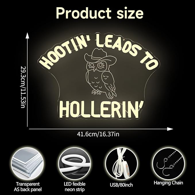 Hootin' Leads To Hollerin' Neon Sign for Wall Decor Western Country Led Sign Owl Light Up Sign Western Cowboy Neon Light for Music Festival Country Bar Restaurant Funny Home Room Party Decorations