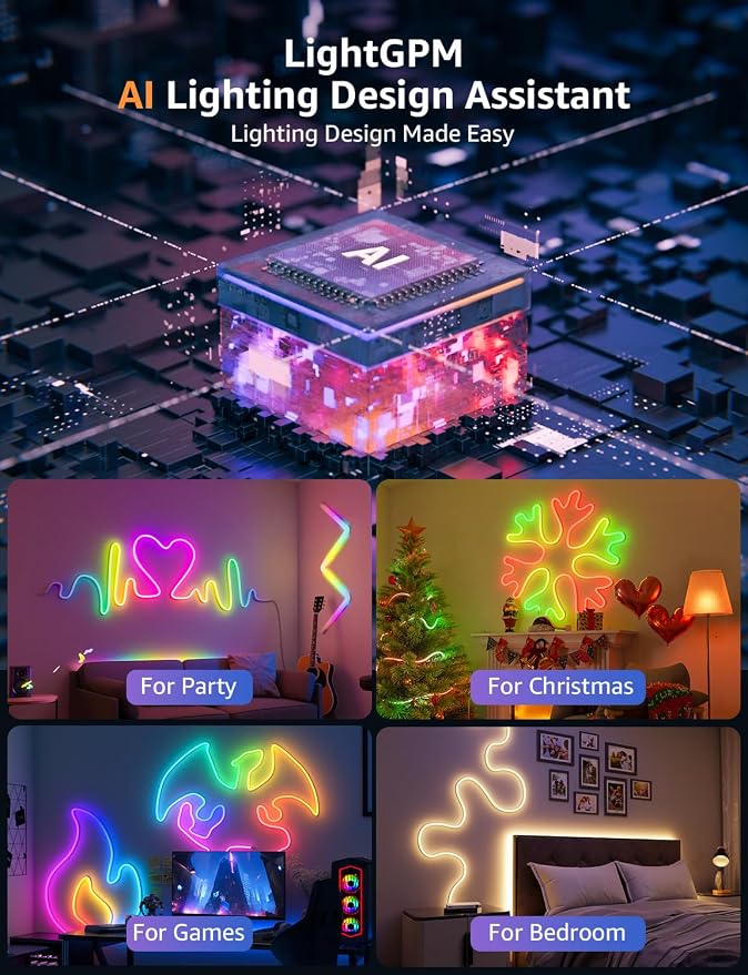Lepro N1 AI Smart RGB Rope Lights for Christmas, Personalized AI Lighting Designer, LightBeats Music Sync, Color Segment DIY, Voice Control Via App, 32.8ft Wi-Fi & Bluetooth LED Strip Lights