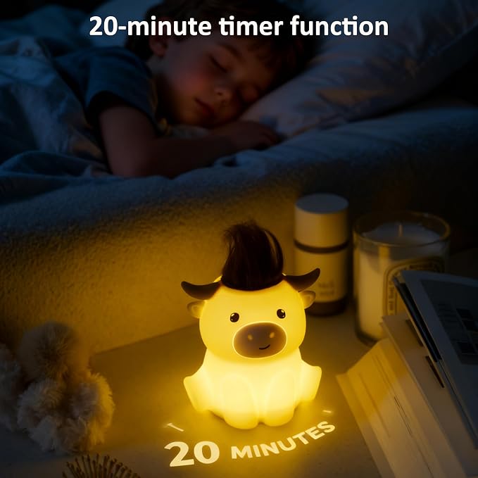 Led Cute Highland Cow Night Light, Dimmable Timer Nursery Kawaii Lamps, Super Squishy Silicone USB Rechargeable Touch Control Night Lamp, Used for Camping Party Room Decor (Highland Cow)
