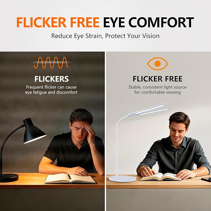 LED Desk Lamp, 2400 Lux Bright Desk Lamp for Home Office, Dual Head Adjustable Desk Lamp with 5 Color Modes, Stepless Dimming, 360° Gooseneck, Auto Timer, Eye Caring Task Light