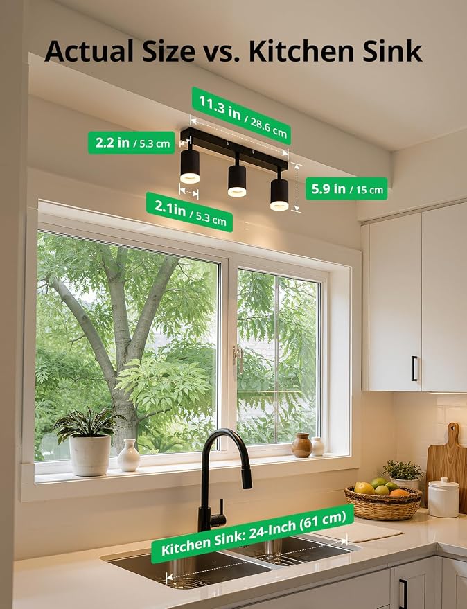 Bojim LED Track Lighting Fixtures Ceiling Mount for Kitchen, 3 Light Modern Black Track Lights with Acrylic Ring, Adjustable Spot Lights for Dinning Living Room Hallway, GU10 Base (Bulb Not Included)