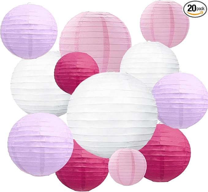 20Pcs Light Purple Rose Red Pink White Paper Lanterns for Parties, 6” 8” 10” 12” Chinese Asian Hanging Round Paper Lanterns for Birthday Wedding Halloween Christmas Home Decor Party Decor