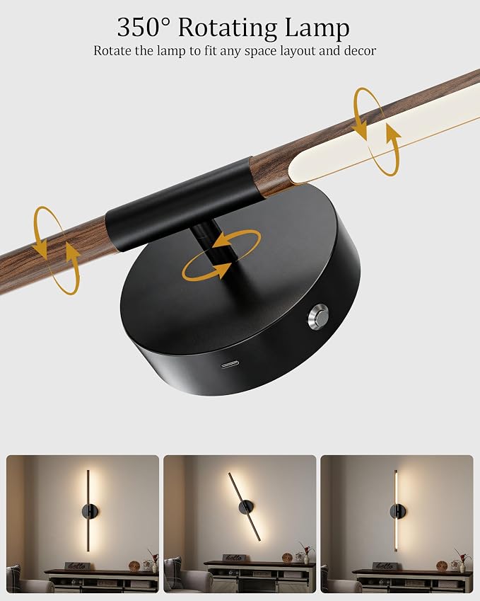 40" Battery Operated Wall Sconce Set of 2, 350° Rotating Lamp, Walnut Black | Wireless, 8000mAh Rechargeable Battery, Stepless Dimming, 3000K-6000K, Remote & Touch Control, Timer, Living Room, Bedroom