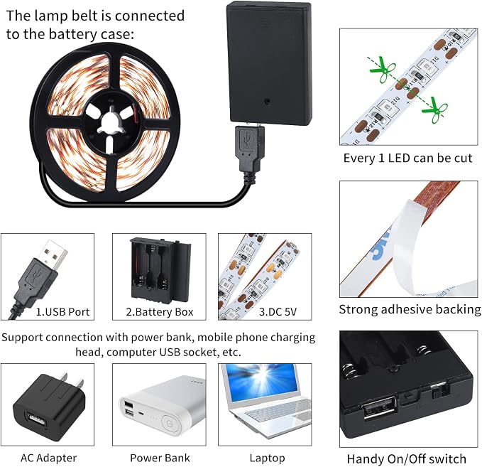 USB Warm LED Strip Lights with Battery Box, 16.4ft Warm White LED Light Strip 3000K for Under Bed, Tape Lights Under Cabinet, Kitchen, Bedroom, Christmas, Party, 8.2ft x 2pcs