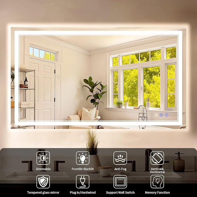 36"x55" LED Bathroom Mirror with Lights, Anti-Fog, Backlit + Front Lit, Dimmable, Led Vanity Mirror for Wall, Lighted Bathroom Mirror, 3 Colors, Shatter-Proof Tempered Glass