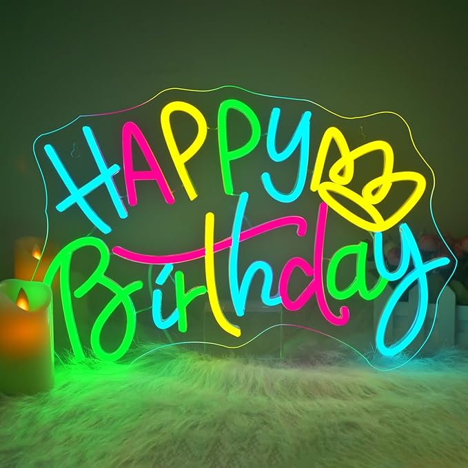 WLHOPE Happy Birthday Neon Sign Led Lights for Party Wall Decor Transparent Acrylic Board Light Signs for Club Children Friends Gift Decoration
