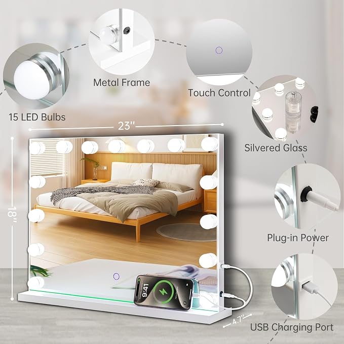 Hollywood Vanity Mirror with Lights, 23" x 18" Lighted Makeup Mirror with 15 Led Bulbs, 3 Color Lights, 10x Magnification, Desk/Wall Mounted, Bedroom College Dorm Room Essentials