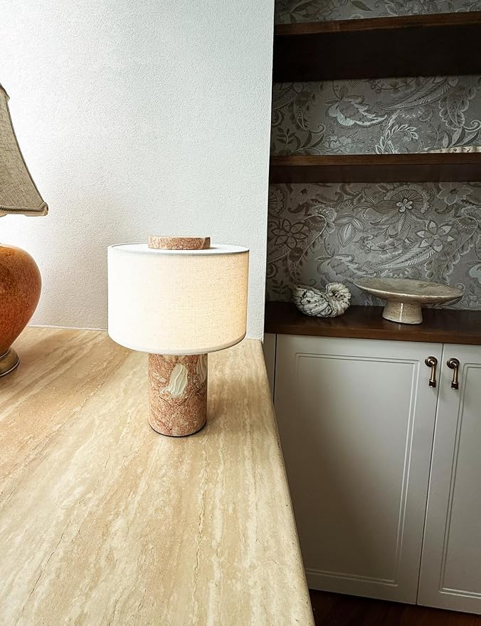 BSOD Marble Lamp, Stone Table Lamps Collection - Modern Cylindrical Lampshade Cordless Luxury Design Bedside Lamp for Home Decor, Bedroom, Living Room & Office (Plug-in Pink Lumachella Lamp)