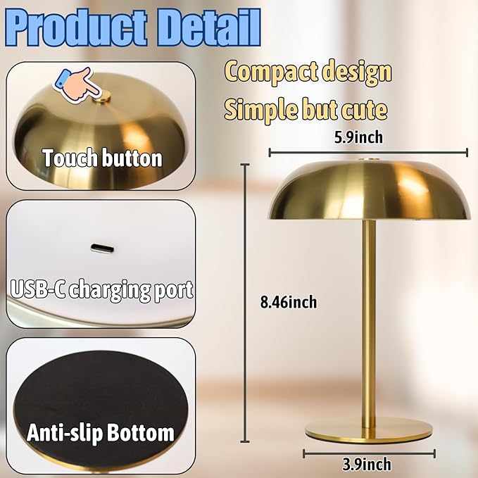 Portable LED Mushroom Table Lamp, 8.46'' Small Cordless Desk Night Light with 5200mAh Rechargeable Battery, Stepless Dimming Lamp with 3 Colors for Bedroom/Bar/Coffee Shop (Black)