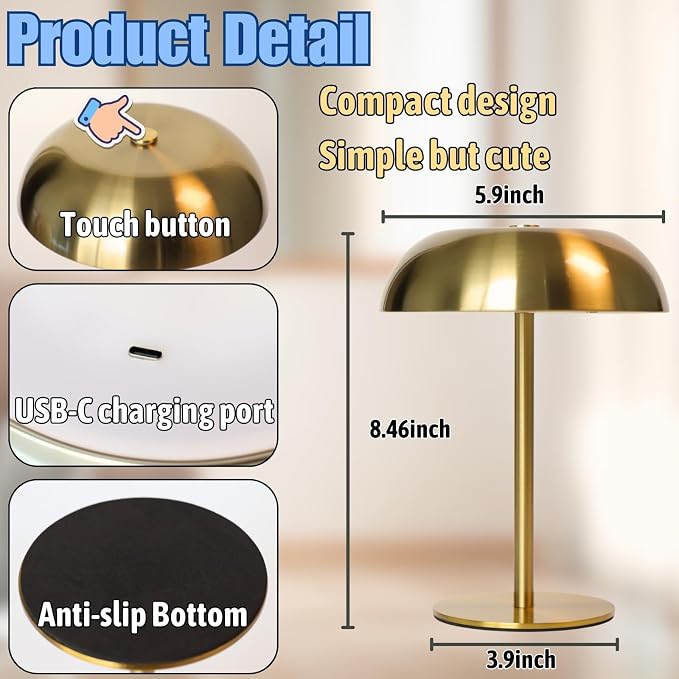 2 Pack Cordless Mushroom Table Lamp, Rechargeable, Dimmable 3 Color, Gold | Small, 8.46in, Portable, Easy to Assemble, Metal Structure, Rechargeable, Suitable for Bedroom, Café, and Bar Counter