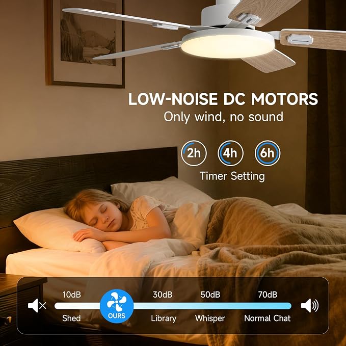 44 Inch Ceiling Fans with Lights and Remote for Bedroom Living Room Kitchen Office, Indoor/Outdoor Use, 5CCT Dimmable, Dual Color 5 Blades, 6 Speed Reversible Quiet DC Motor, White/Wood Grain