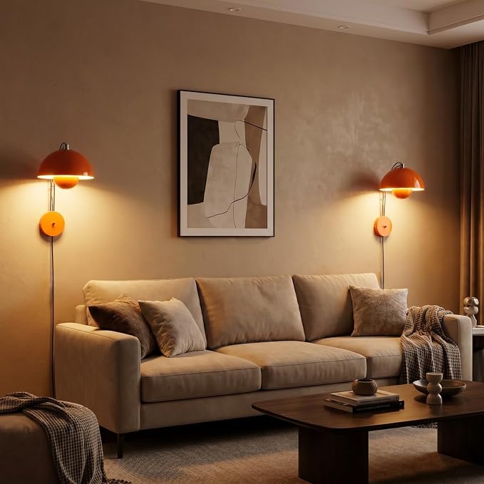 Mid-Century Modern Bud Plug in Wall Sconces for Bedroom, Pastel Orange | Indirect lighting reading wall lamp, all-metal construction, plug-in or hardwired install, fits bedroom bedside, living room