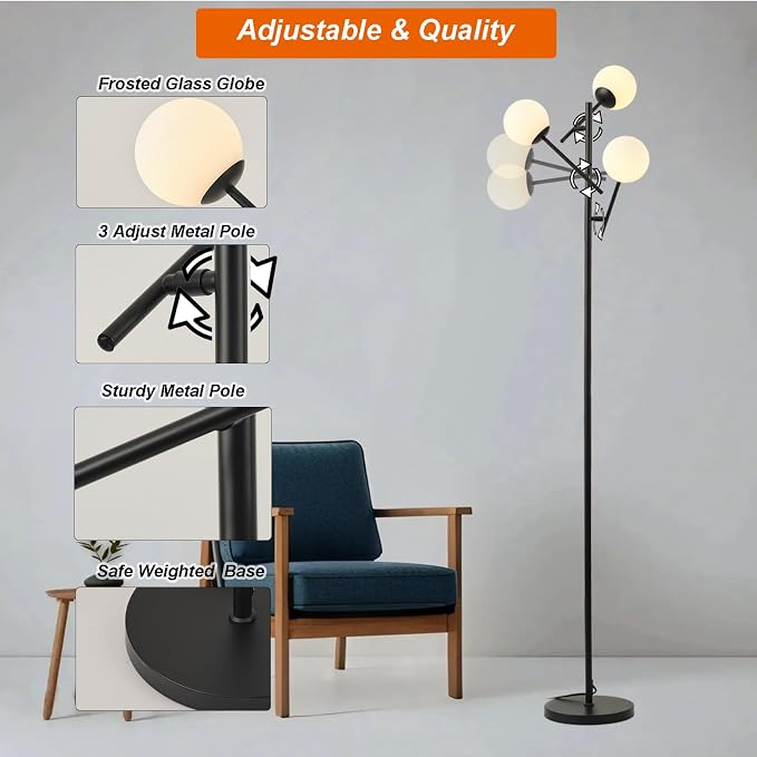 Fiqevs 3 Globe Floor Lamp for Living Room, Swing Arms Standing Tree Lamp | 3000K Warm White Light, 3 LED Bulbs Included, Adjustable Orb Glass Shade Mid Modern Lamp for Bedroom/Office, Matt Black