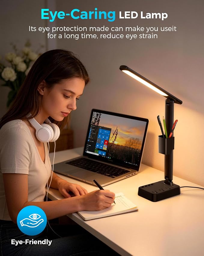 LED Desk Lamp with Power Strip, 3 AC Outlets, 4 USB Ports, Stepless Dimming | 2800K-6500K Color, 2 USB-C, Foldable Design, Timer & Memory, Study, Home Office & College Dorm, 10FT