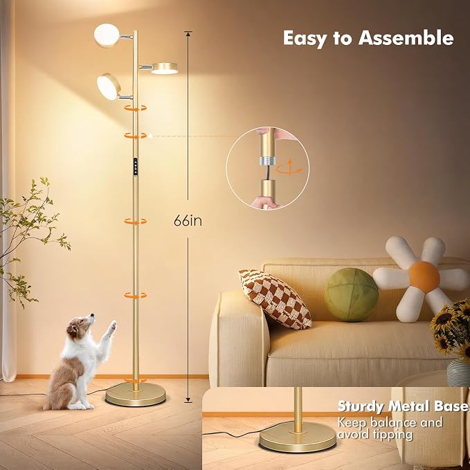 Tree Floor Lamp for Living Room - Modern Gold Standing Lamp | LED Floor Light with Remote & Touch, 3000K-6000K Dimmable for Bedroom Office Reading (3 Head)