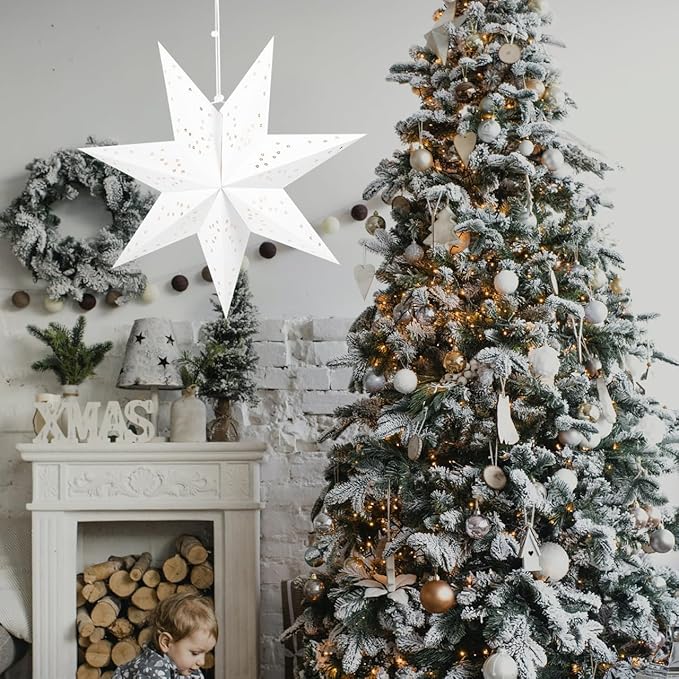 VICASKY Paper Star Lantern - Anti-Tear Reinforced Lamp Shade for Christmas Decoration: Seven-Pointed Hanging Light for Wedding Party - 17.7in White
