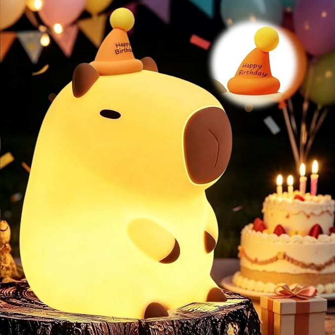 YR YRHH-PET Capybara Birthday Gifts Night Light, Squishy Cute Lamp, Fun Toy | Happy Birthday Hat Decorations, Rechargeable Dimmable Silicone Bedside Lamp, Kids Animal LED Touch Nightlight Capibara Stuff