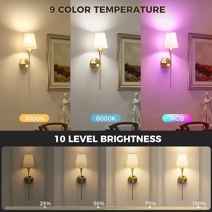 Battery Operated Wall Sconce: Set of 2 Wireless Wall Light 12000mAh | 15 Color Rechargeable Wall Sconces, Sconce Wall Decor Set of 2 for Bedroom, Living Room, Gold, 24.6in