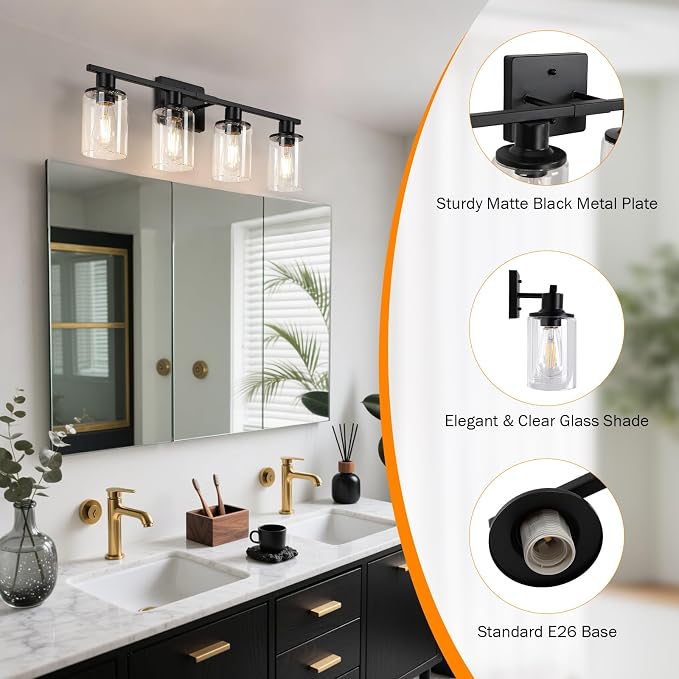 Matte Black Bathroom Light Fixtures Over Mirror,4-Light Bathroom Vanity Light with Clear Glass Shade,Modern Farmhouse Wall Sconces Lighting for Mirror Kitchen Living Room Cabinet