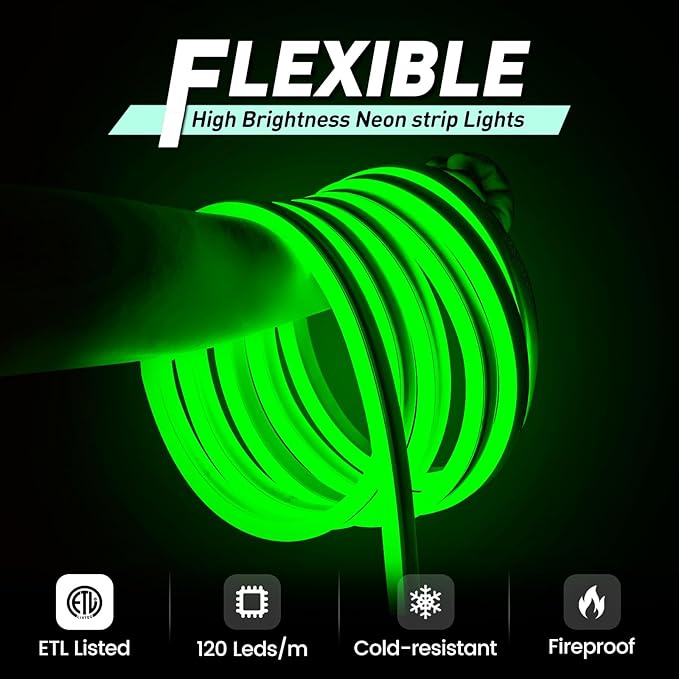 GZBtech Flexible LED Neon Rope Lights 66FT,AC 110-120V Waterproof Strip Light, 120 LEDs/M Cuttable Connectable Neon Lighting for Indoor Outdoor Home Decor/Commercial Building Use-Green 20M, ETL Listed