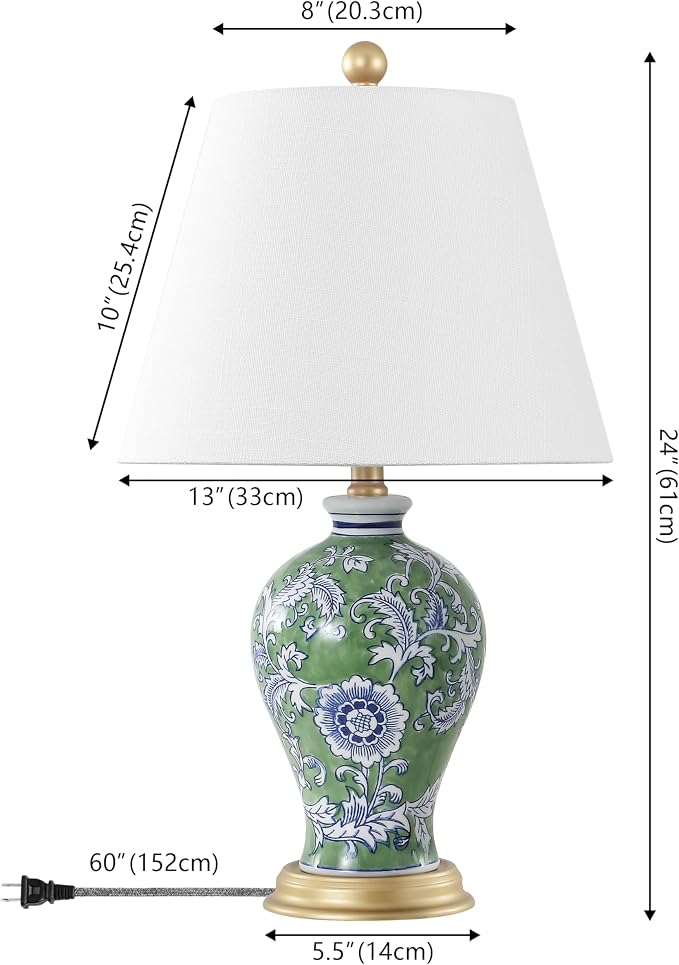 JONATHAN Y Grace 24" French Country Floral Urn Ceramic Lamp, Green/White | Chinoiserie Ginger Jar, French Country Cottage Style, Linen Shade, Gold Metal Base, LED Bulb Included