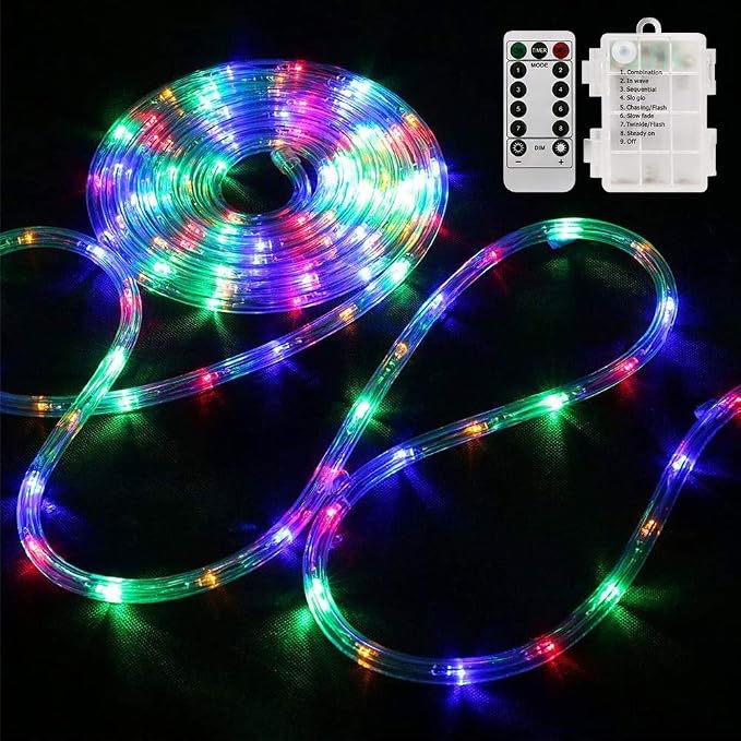 LED Rope Lights Battery Operated String Lights 40Ft 120 LEDs 8 Modes | IP65 Waterproof Battery Powered Rope Lights With Dimmable Remote for Party Garden Holiday Decoration 2Pack