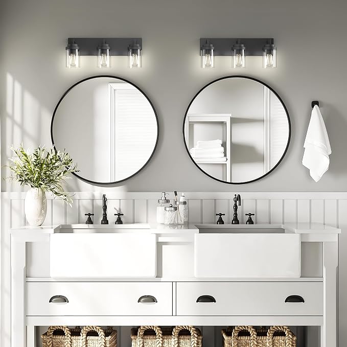 Bathroom Vanity Light, 3 Light Matte Black Vanity Lights with Clear Glass Shade, 22in Modern Wall Sconces, Bathroom Lighting Fixtures Over Mirror for Living Room