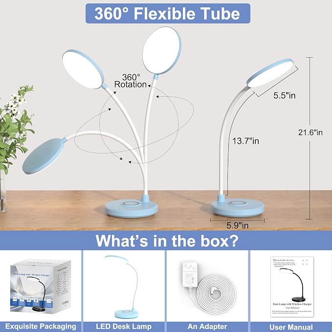 Blue Desk Lamp, Table Lamp with Wireless Charger, 800LM, CRI95+ | 3 Color Modes, Stepless Dimming, Small Desk Lamp with Adjustable Neck, Desk Light for Reading, Bedside, Dorm, with Adapter