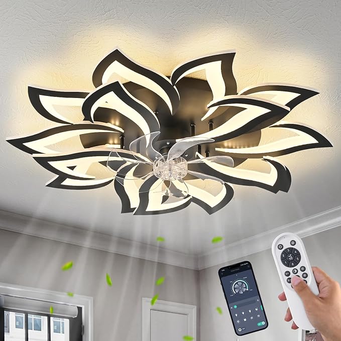 35" Black Modern Ceiling Fan with Lights Remote Control, 6 Speeds 3 Light Color Low Profile Flush Mount Ceiling Fan with Light for Kitchen Bedroom