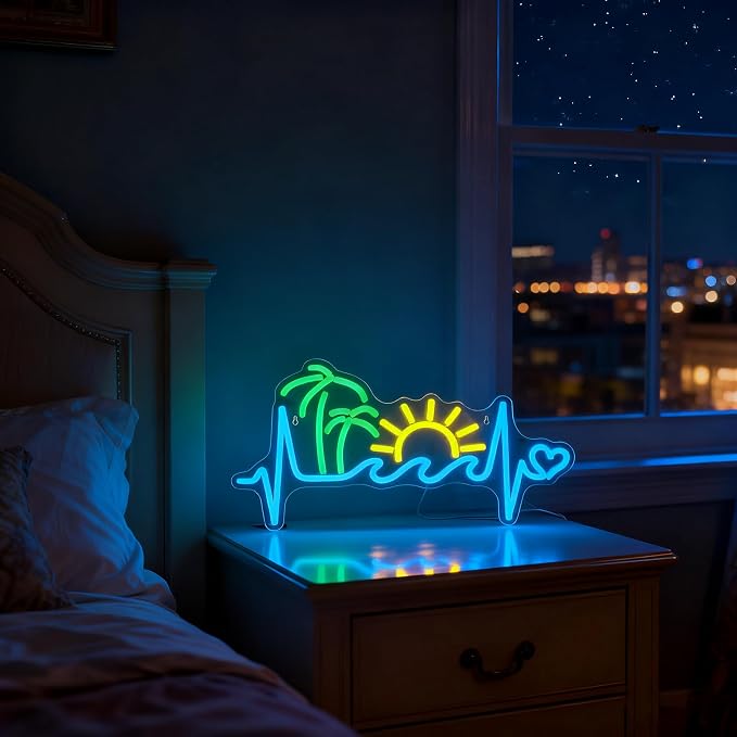 Sunset Neon Sign Dimmable Tropical Neon Light Tiki Bar Living Room Decor | Dimmable Ocean Wave and Palm Tree Theme Decor for Bedroom Patio Bar Party Beach House Tropical Style and Summer Gift Ideas