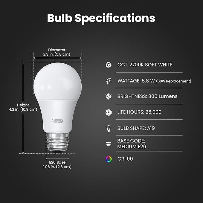 Feit Electric Enhance LED A19 Light Bulb, 60W Equivalent, 8.8W, 800 Lumens, 2700K Soft White, 90+ CRI, Dimmable, E26 Base, Enclosed Fixture & Outdoor Safe, 25,000-Hour Lifespan, OM60DM/927CA/4, 4 Pack