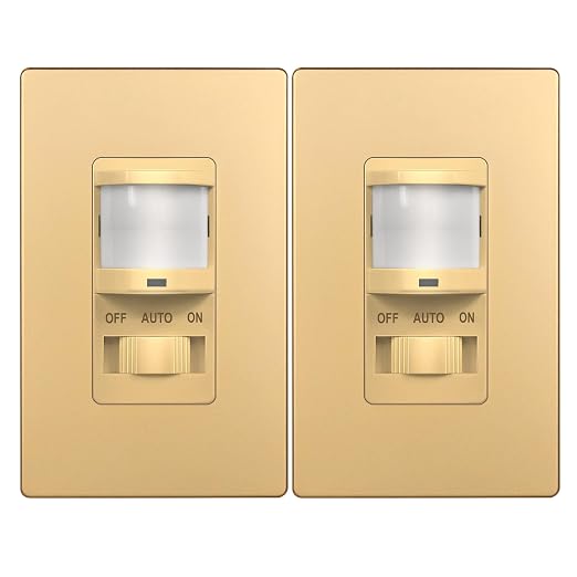TOPGREENER in Wall PIR Motion Sensor Light Switch, Need Neutral Wire, Gold | Occupancy Sensor Switch, On/Off Override, Single Pole, 4A/500W, Motion-Activated Switch, Wall Plate Included,UL-listed,2 Pack