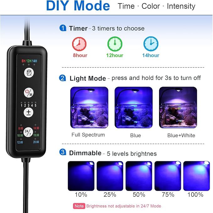 hygger Saltwater Aquarium Light - 35W Dimmable Full Spectrum with 3 Light Modes & Timer, 24/7 Auto Cycle for Refugium, Soft Corals, LPS Marine Tanks, Flexible Gooseneck Mount with Clip