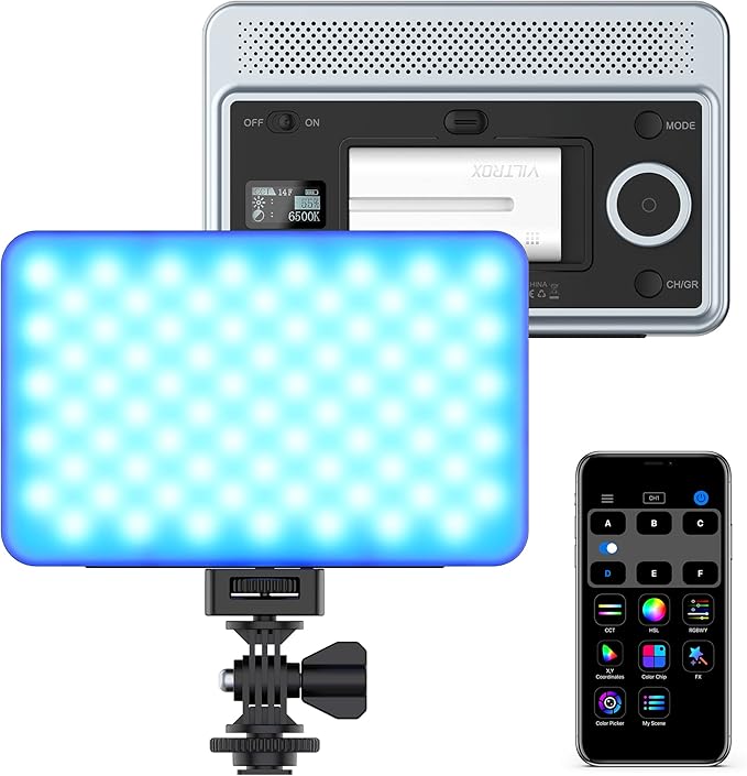 VILTROX RGB Led Panel Light, Smartphone Control Full Color On Camera LED Photography Light, 2600K-6800K Dimmable LED Video Light, with NP-F550 Battery (Sprite 15C)