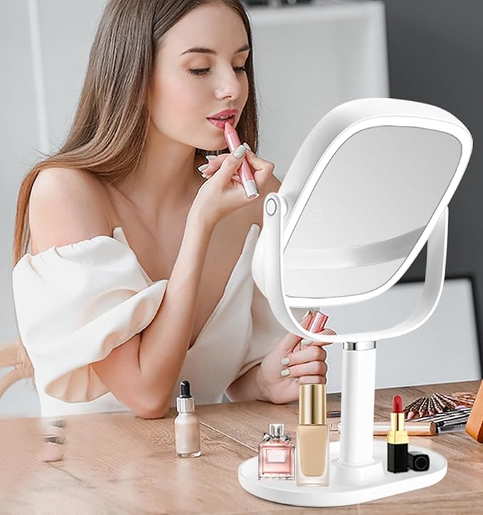 Lighted Makeup Mirror, 2600mAh Rechargeable 1x/10x Magnifying Vanity Mirror, 8.5" Height Adjustable Makeup Mirror with Lights 3 Color, 360° Rotation 2-Sided Light up Large Desk Mirror, Gifts for Women