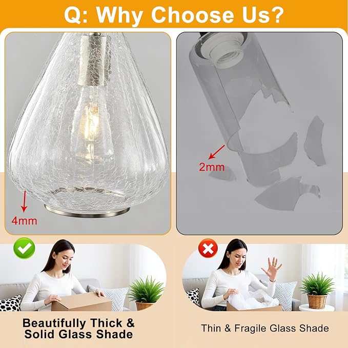 2 Pack Modern Pendant Lights Kitchen Island, Brushed Nickel Pendant Light Fixtures with 8.5" Clear Crack Glass Shade, Industrial Hanging Pendant Lights Fixture for Kitchen Island Dining Room Entryway