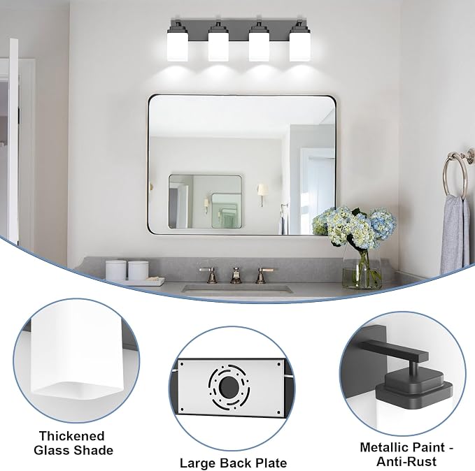 Matte Black Bathroom Light Fixtures, 4 Lights Bathroom Lighting Fixtures Over Mirror, Square Design & Rectangle Large Backplate, Modern Vanity Lighting Fixtures, for Living Room/Bedroom