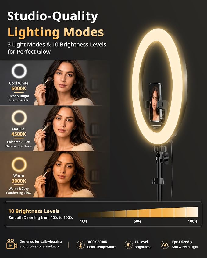 UBeesize 12" Ring Light with 62" Tripod Stand, Phone Holder & Remote | 3 Color Modes, 10 Brightness Levels, 180° Tilt, 360° Rotation, Cold Shoe, 1/4" Mount, Fits 2.2–3.5 in phones