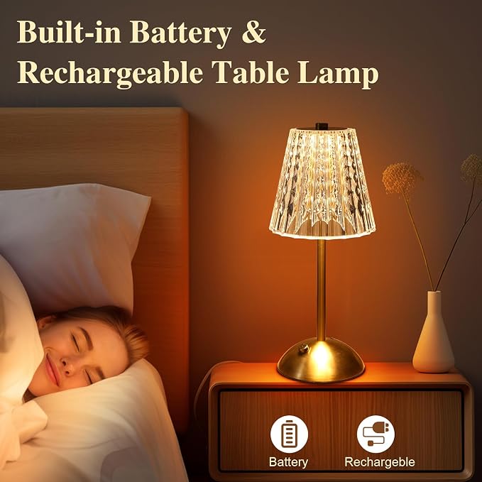 Cordless lamp,Dimmable Crystal Table Lamp 3 Colors LED Gold Lamp | 3 color modes with adjustable brightness for bedrooms, offices and home decor. Great gift for women, moms, teachers & friends