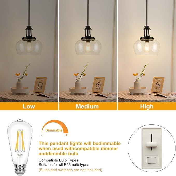 Modern Pendant Lights Kitchen Island, Matte Black Pendant Light Fixtures with 10" Clear Glass Shade, Industrial Hanging Pendant Lights Fixture for Kitchen Island, Dining Room, Bedroom, Foyer, Entryway