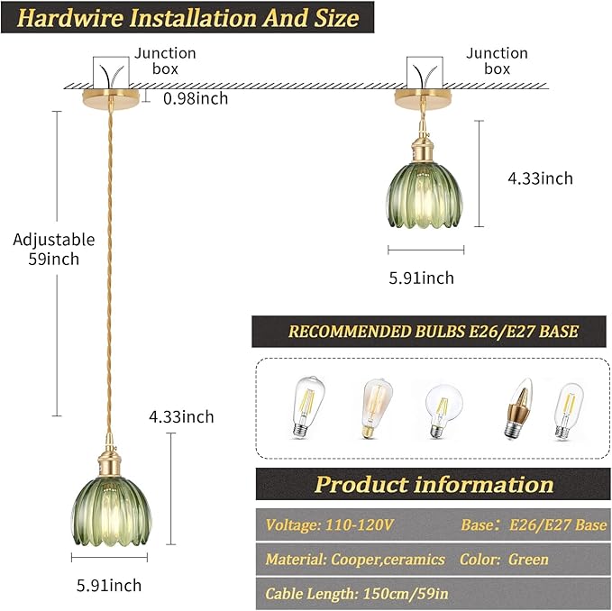 Pendant Light 2 Pack with Green Tulip Glass Lmapshade, Brass Vintage Pendant Light Adjustable Hanging Light for Kitchen Island Dining Room Hallway