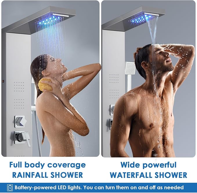 ROVOGO LED Shower Panel Tower System with Lights, 5 Shower Modes, 46.5 Inch | Rainfall Waterfall Shower Head, 4 Body Jets, Handheld and Tub Spout, Stainless Steel Shower Column with Brass Valves, Brushed