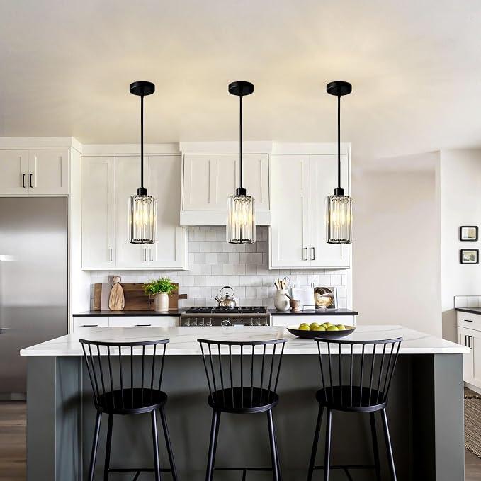 5.1" Mini Modern Matte Black Crystal Kitchen Island Pendant Light | Small Crystal Glass Shade, Sparkling Crystal Reflections, Customizable Hanging Height, Fits Most Ceilings, Matte Black Finish