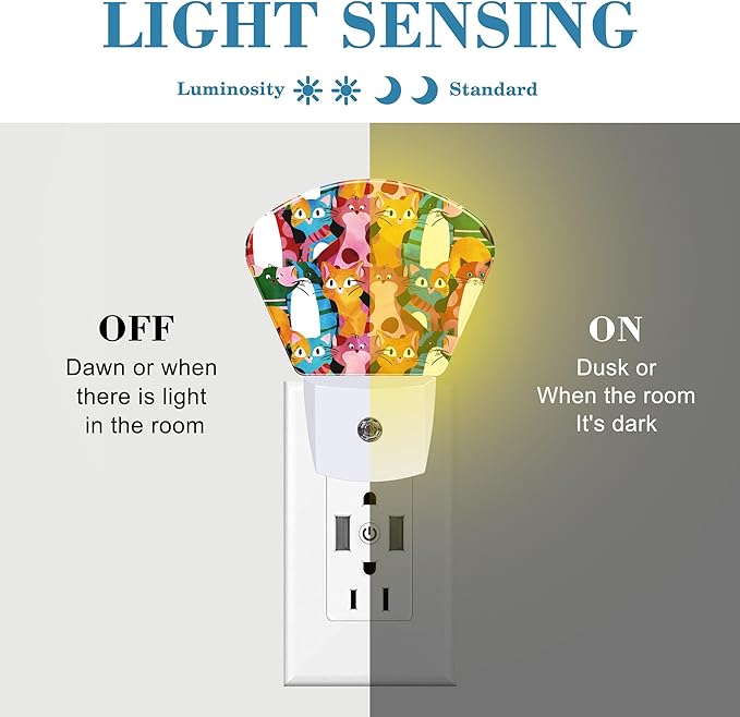 Watercolor Colorful Comic Cat Night Light for Kids Girls Boys, Cute Cat LED Night Light Plug into Wall with Dusk to Dawn Sensor for Bedroom, Hallway, Kitchen, Bathroom, Stairs Decor