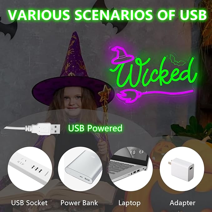 Witch Neon Sign Halloween Neon Lihts for Bedroom Movie LED Lights for Room Dimmable Green Light Up Sign for Halloween Party Musical Led Sign for Wall Art Decor Gifts for Witch Fans Lovers
