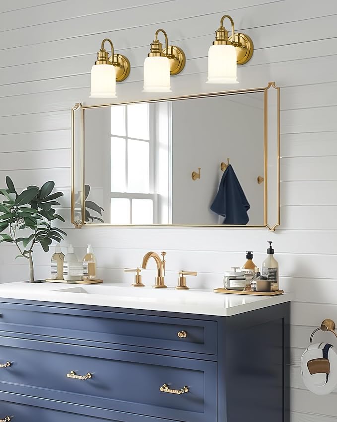 Modern Wall Sconces Set of Two, HWH Brushed Gold Bathroom Vanity Light, Antique Brass Wall Light Fixtures with Frosted White Bell-Shaped Glass, 5HZG106B-2 BG